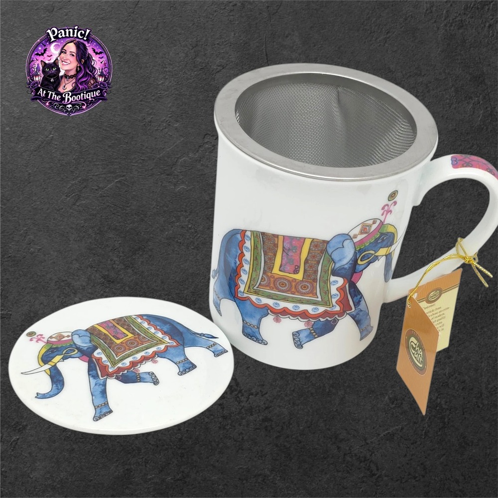 Elephant Tea Mug Set Porcelain Blue Infuser Lid Bohemian Indian Artistic  German